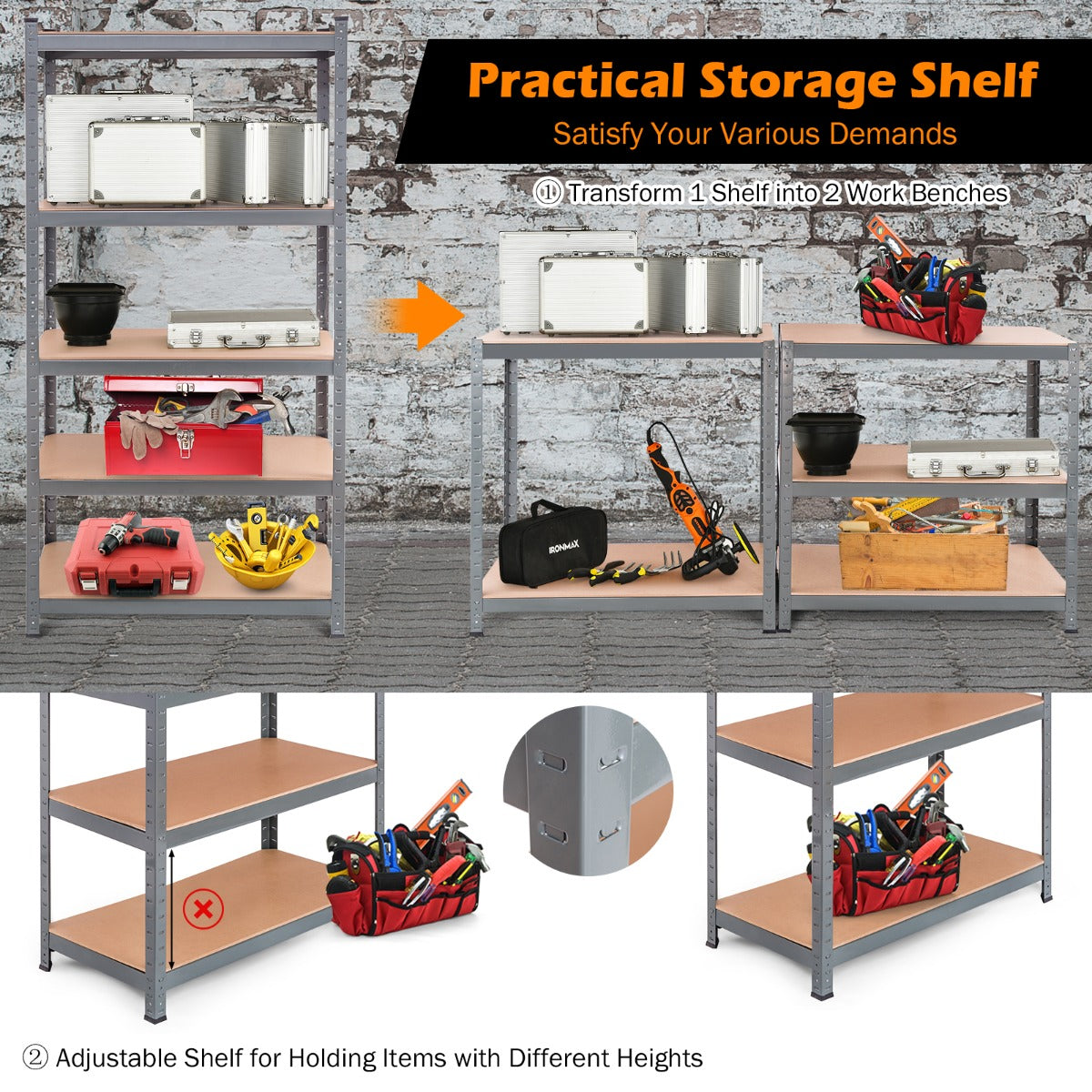 5-Tier Storage Shelves with Freestanding Shelving Unit for Garage-Grey