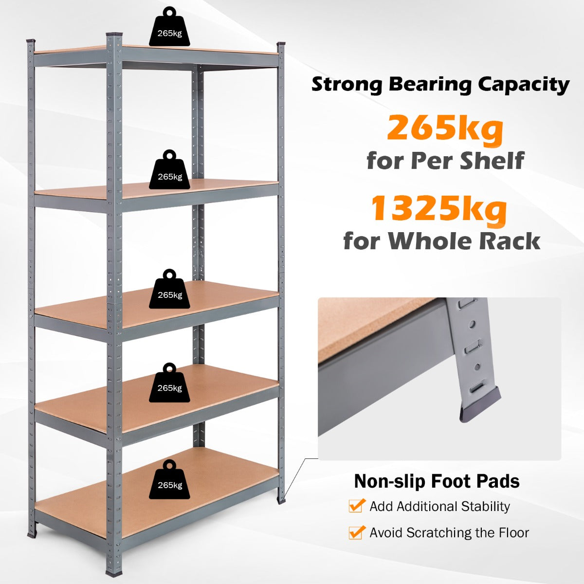 5-Tier Storage Shelves with Freestanding Shelving Unit for Garage-Grey