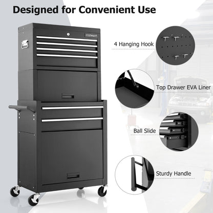 2-In-1 High Capacity Rolling Tool Chest with Handle &amp; 4 Wheels for Garage-Black