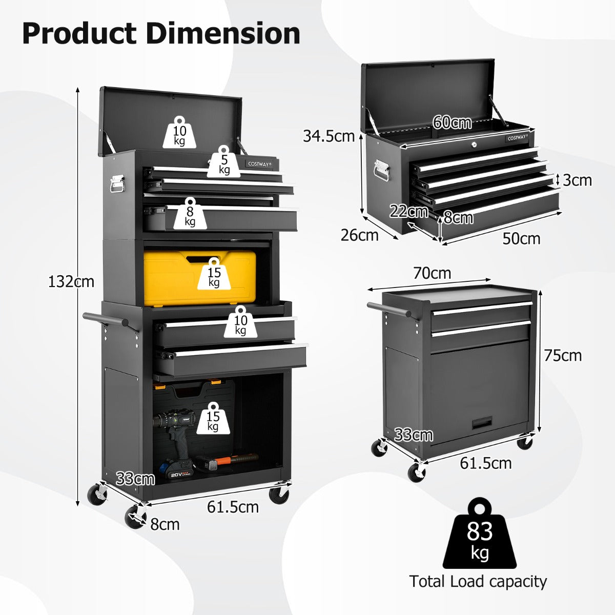 2-In-1 High Capacity Rolling Tool Chest with Handle &amp; 4 Wheels for Garage-Black