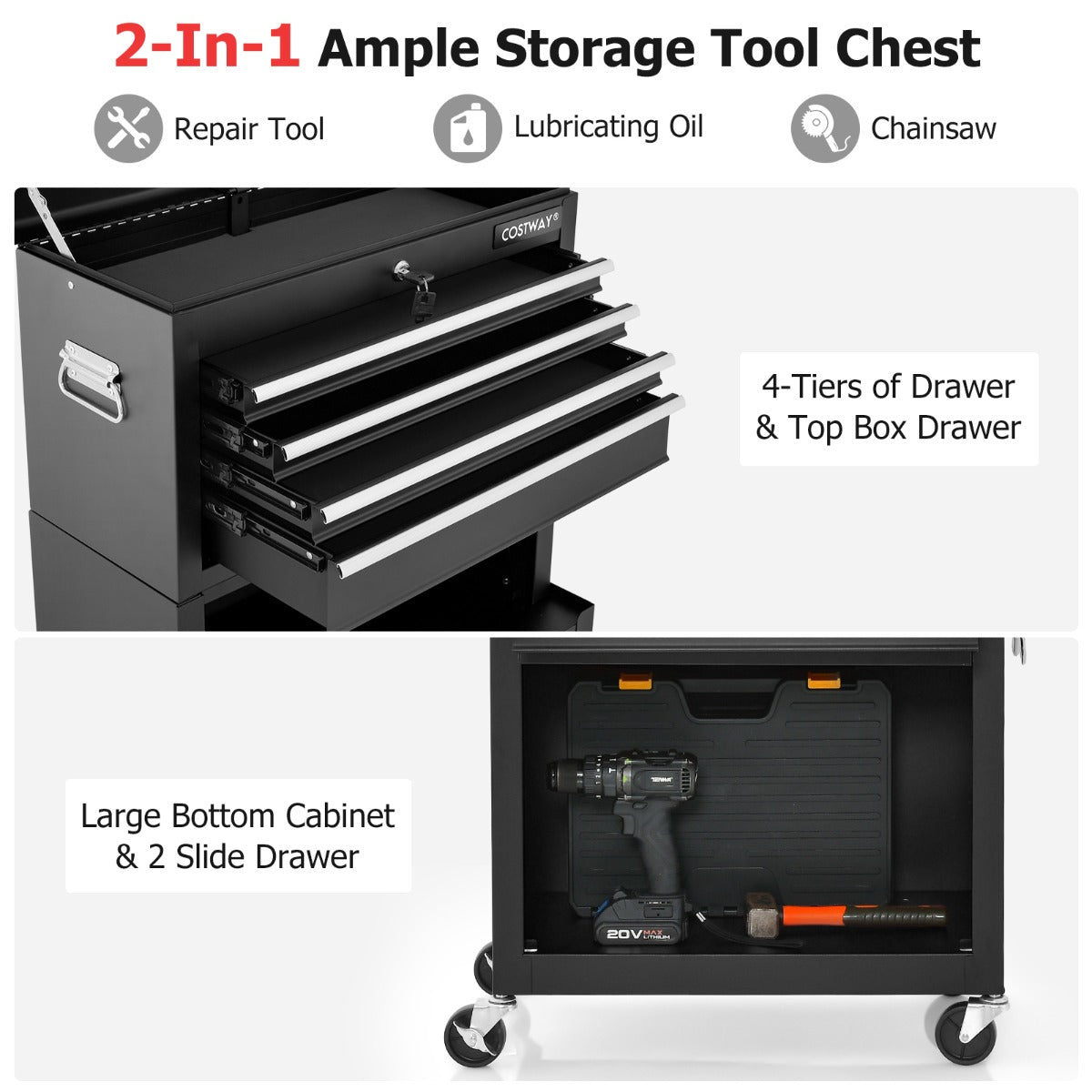 2-In-1 High Capacity Rolling Tool Chest with Handle &amp; 4 Wheels for Garage-Black