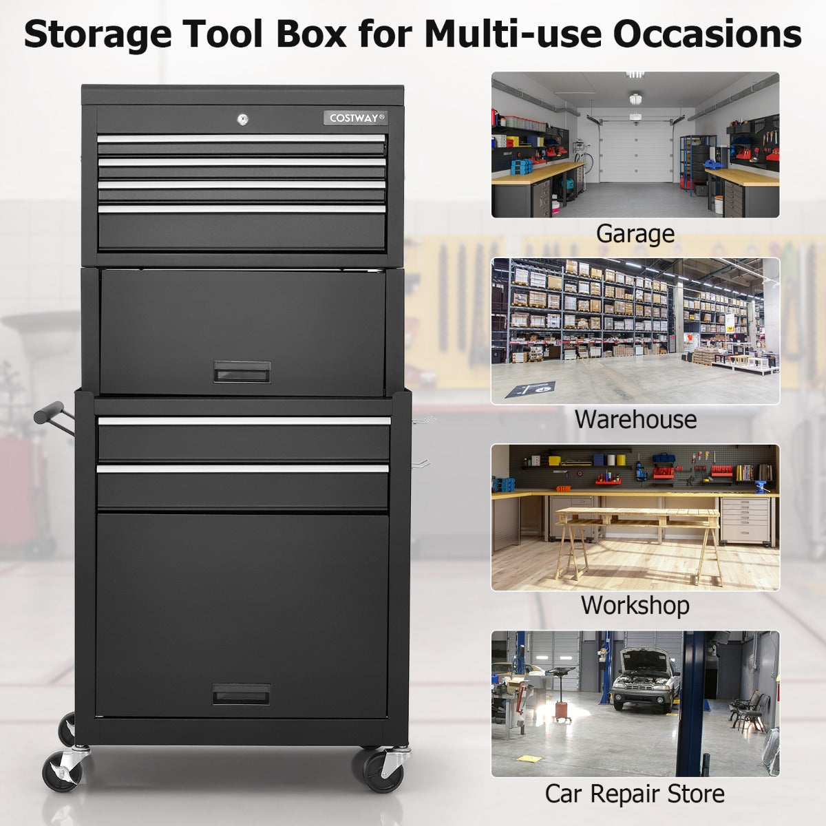 2-In-1 High Capacity Rolling Tool Chest with Handle &amp; 4 Wheels for Garage-Black