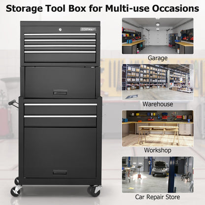 2-In-1 High Capacity Rolling Tool Chest with Handle &amp; 4 Wheels for Garage-Black
