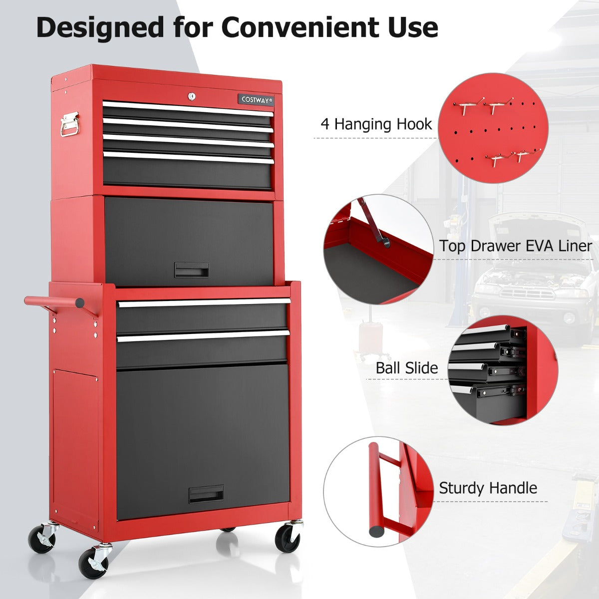 2-In-1 High Capacity Rolling Tool Chest with Handle &amp; 4 Wheels for Garage-Multicolour