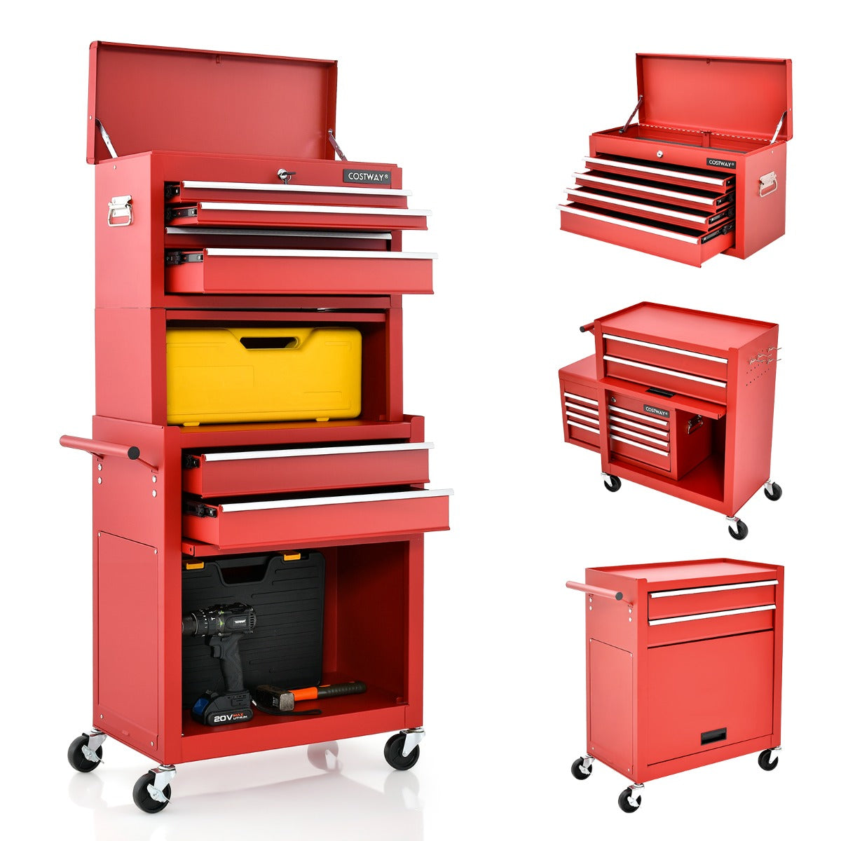2-In-1 High Capacity Rolling Tool Chest with Handle &amp; 4 Wheels for Garage-Red