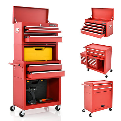 2-In-1 High Capacity Rolling Tool Chest with Handle &amp; 4 Wheels for Garage-Red