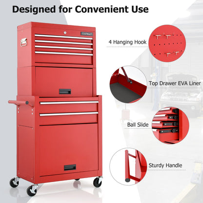 2-In-1 High Capacity Rolling Tool Chest with Handle &amp; 4 Wheels for Garage-Red