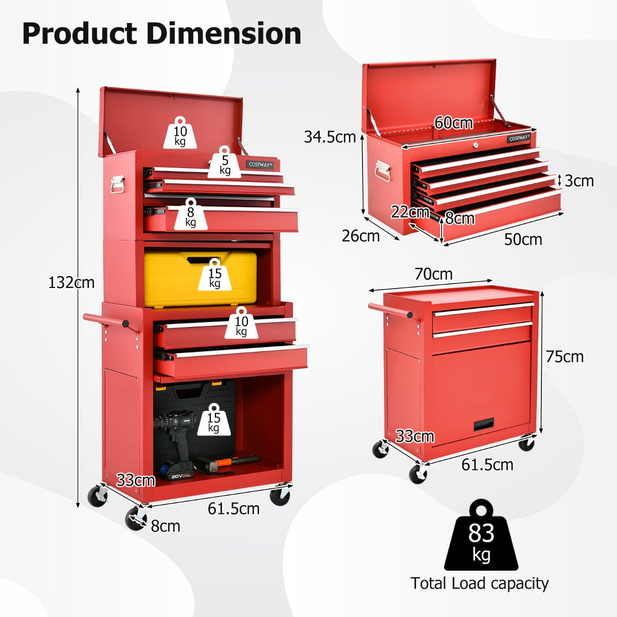 2-In-1 High Capacity Rolling Tool Chest with Handle &amp; 4 Wheels for Garage-Red