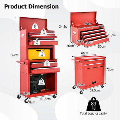 2-In-1 High Capacity Rolling Tool Chest with Handle &amp; 4 Wheels for Garage-Red