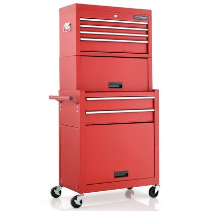 2-In-1 High Capacity Rolling Tool Chest with Handle &amp; 4 Wheels for Garage-Red