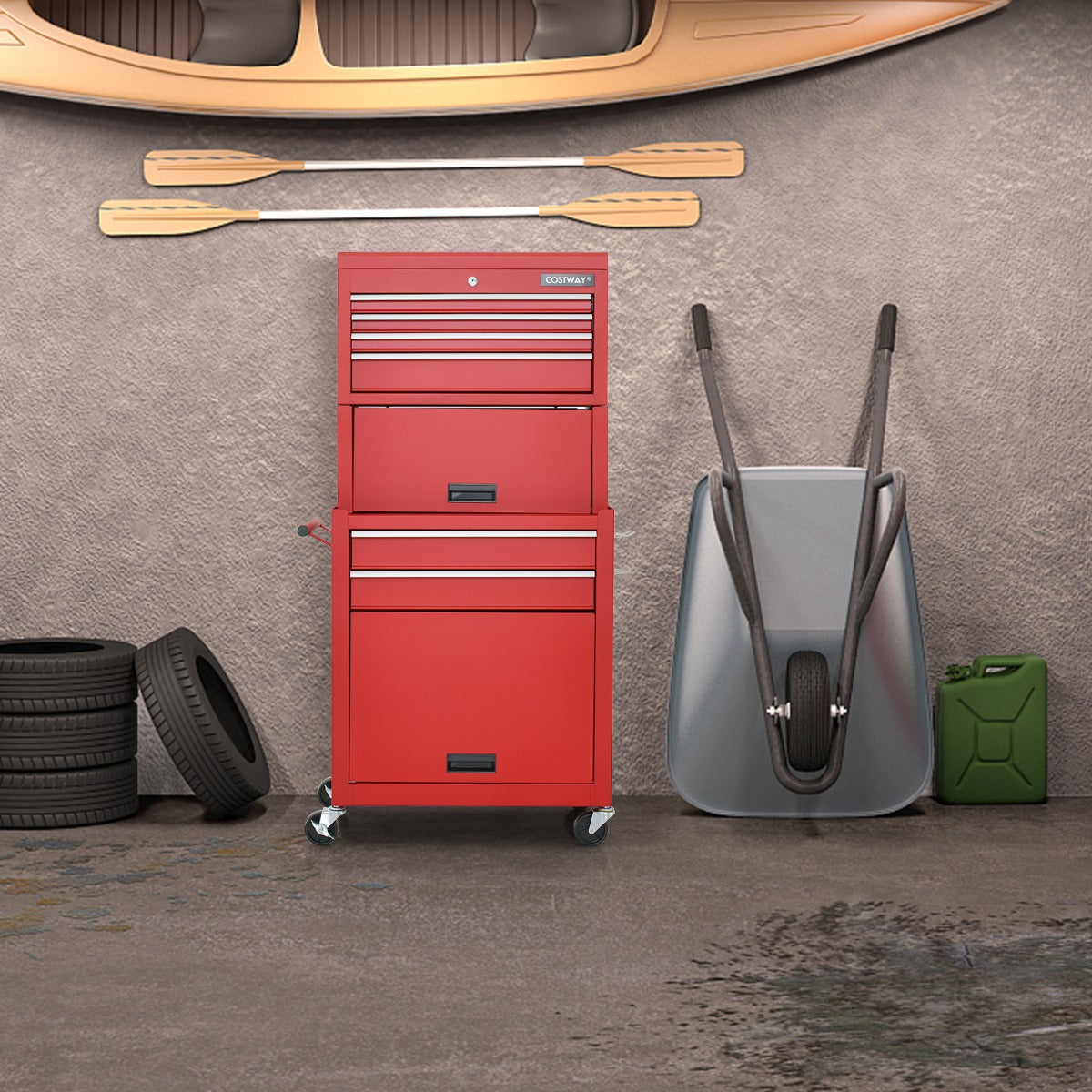 2-In-1 High Capacity Rolling Tool Chest with Handle &amp; 4 Wheels for Garage-Red