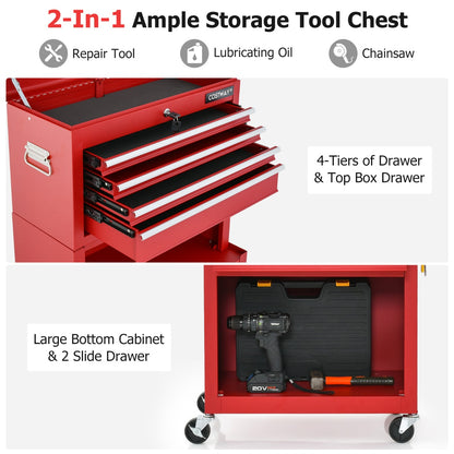 2-In-1 High Capacity Rolling Tool Chest with Handle &amp; 4 Wheels for Garage-Red