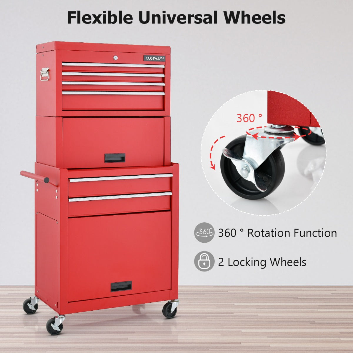 2-In-1 High Capacity Rolling Tool Chest with Handle &amp; 4 Wheels for Garage-Red