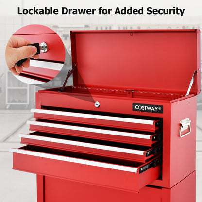2-In-1 High Capacity Rolling Tool Chest with Handle &amp; 4 Wheels for Garage-Red