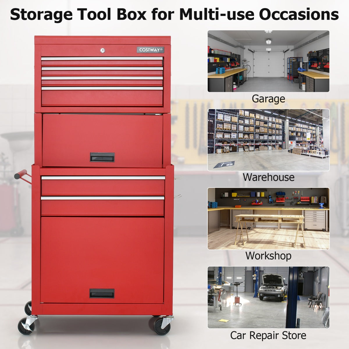 2-In-1 High Capacity Rolling Tool Chest with Handle &amp; 4 Wheels for Garage-Red