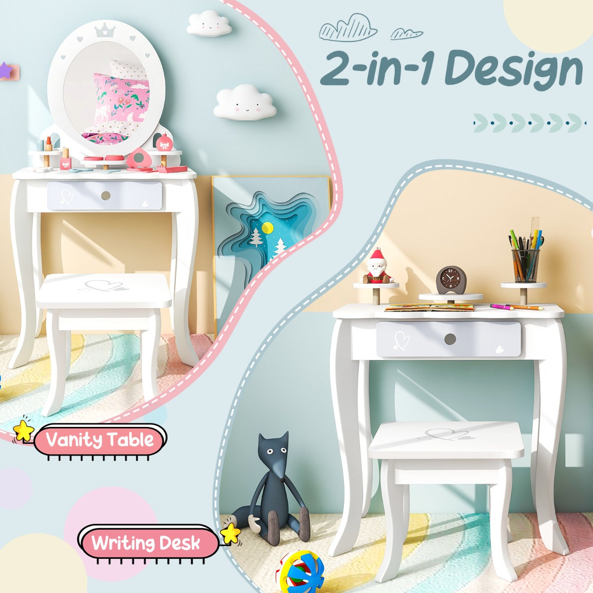 Costway Pretend Play Kids Vanity Set with Stool for Children