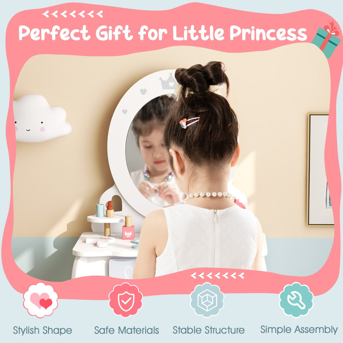 Costway Pretend Play Kids Vanity Set with Stool for Children