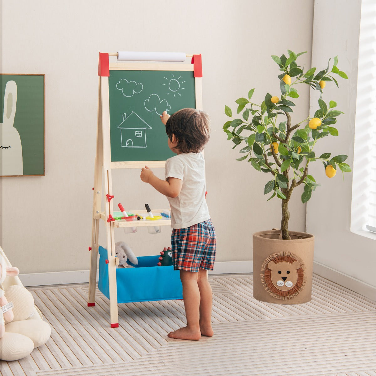 Adjustable Height Double Sided Easel with Magnetic Chalkboard for Toddlers