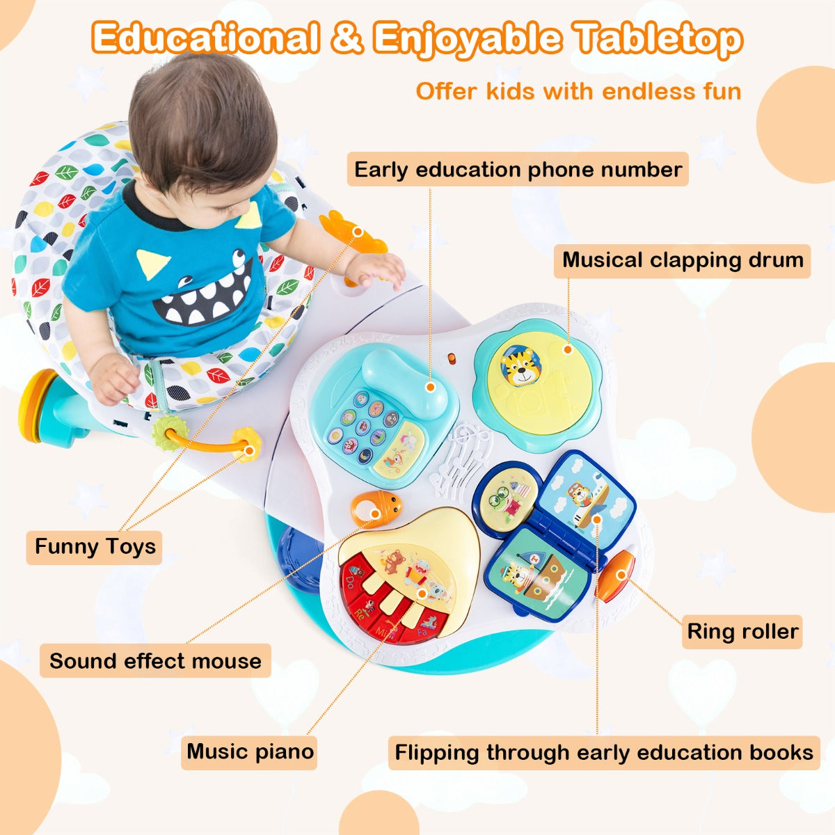 3 in 1 Baby Stationary Activity Center with Educational and Music Function Tabletop-White