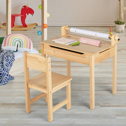 Toddler Activity Table with Chair and Paper Roll Holder-Natural
