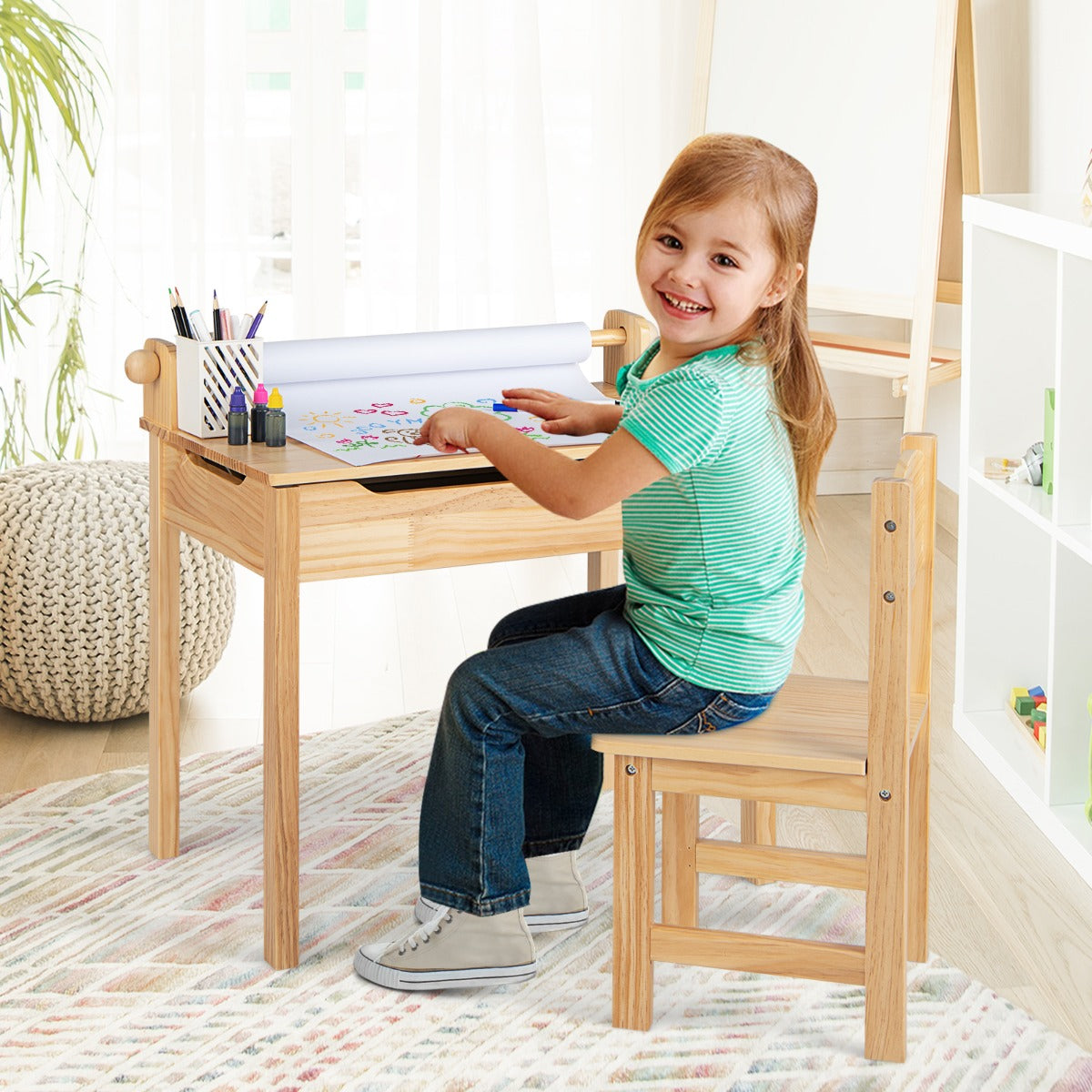 Toddler Activity Table with Chair and Paper Roll Holder-Natural