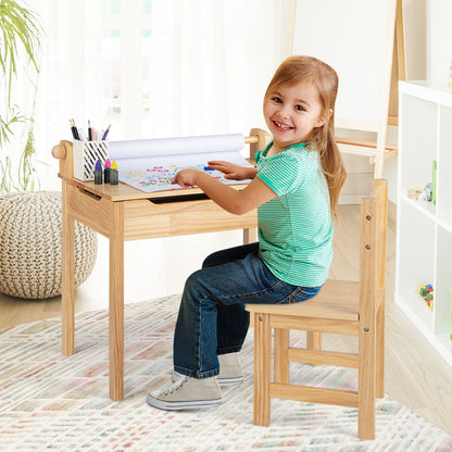 Toddler Activity Table with Chair and Paper Roll Holder-Natural