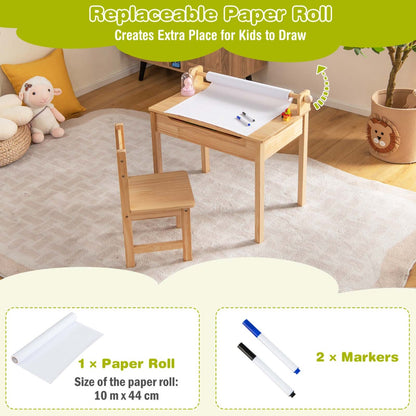 Toddler Activity Table with Chair and Paper Roll Holder-Natural