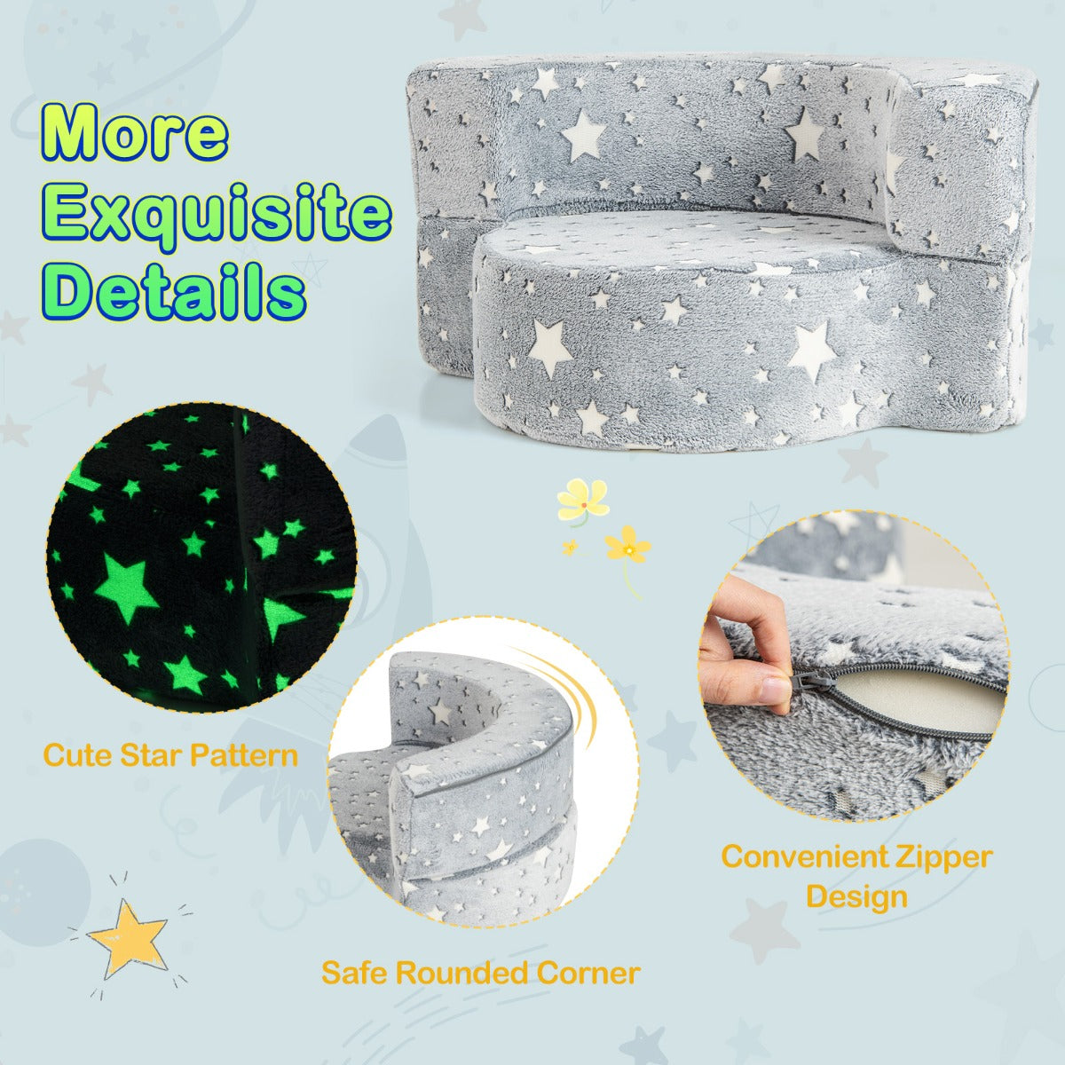2-in-1 Toddler Chair Glow in the Dark Kids Couch with Removable and Washable Cover-Grey