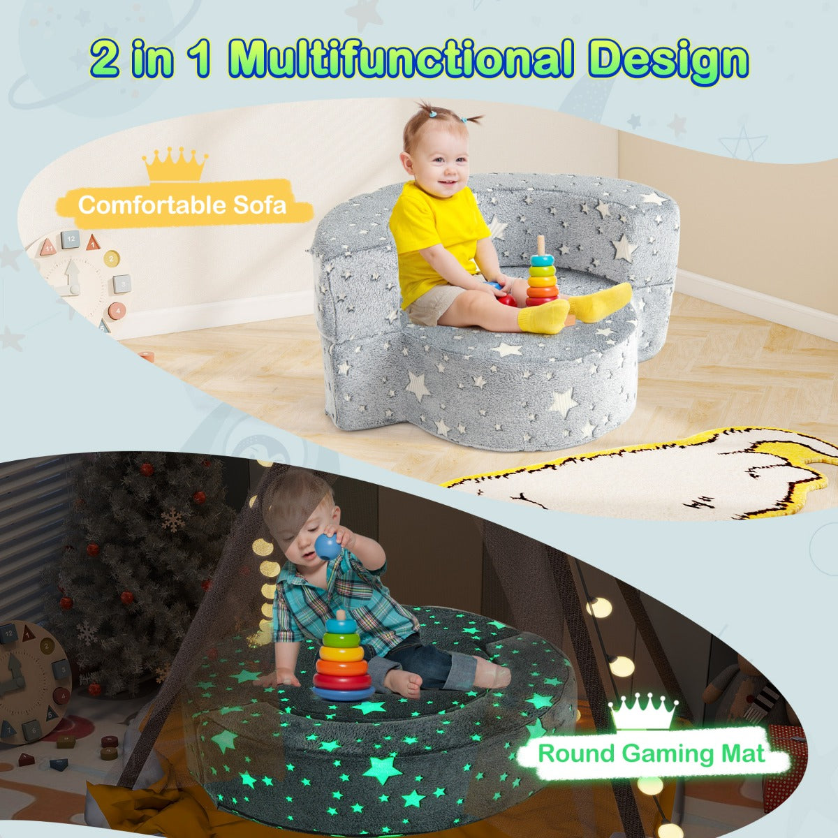 2-in-1 Toddler Chair Glow in the Dark Kids Couch with Removable and Washable Cover-Grey