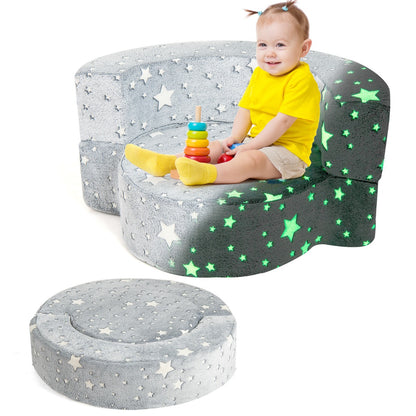 2-in-1 Toddler Chair Glow in the Dark Kids Couch with Removable and Washable Cover-Grey