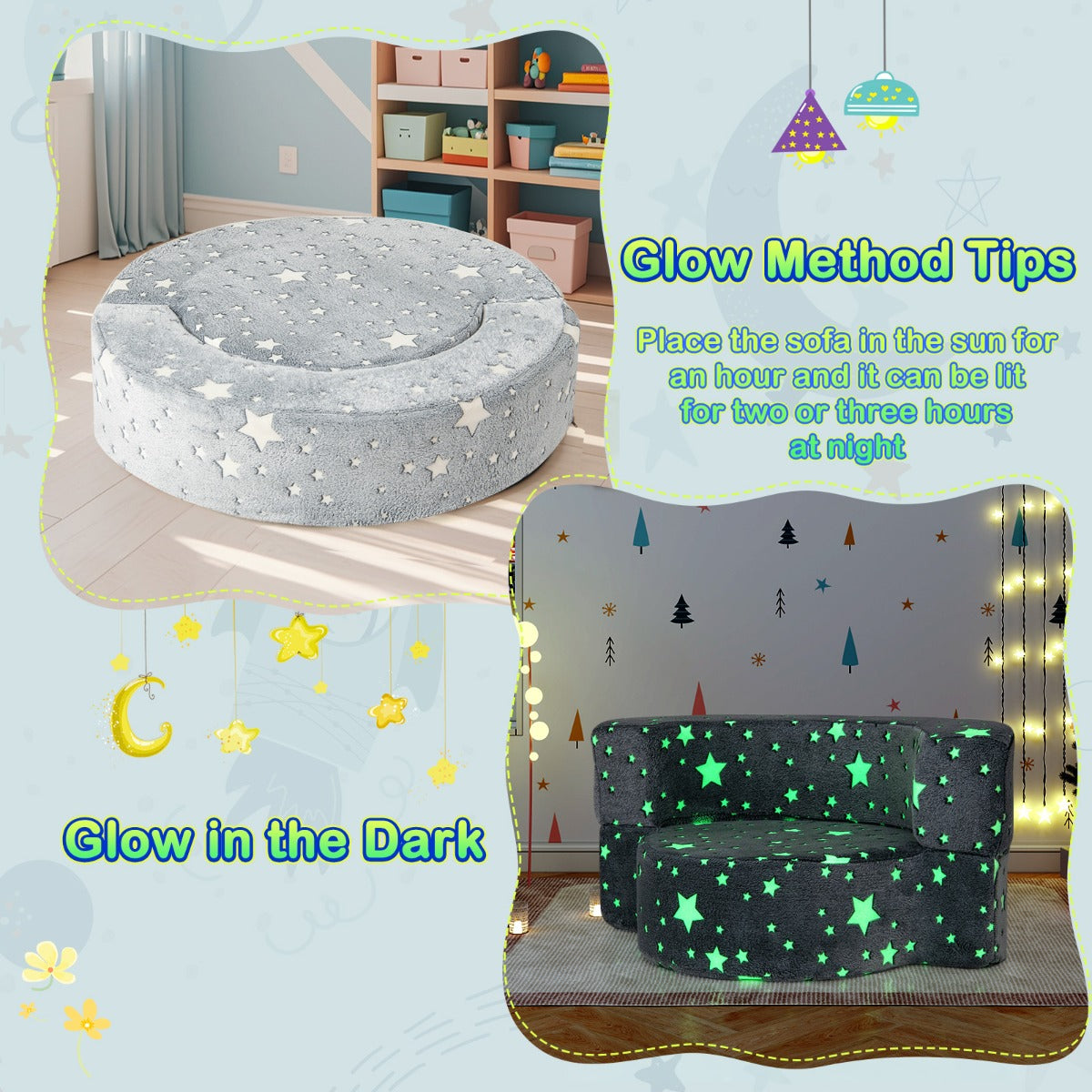 2-in-1 Toddler Chair Glow in the Dark Kids Couch with Removable and Washable Cover-Grey