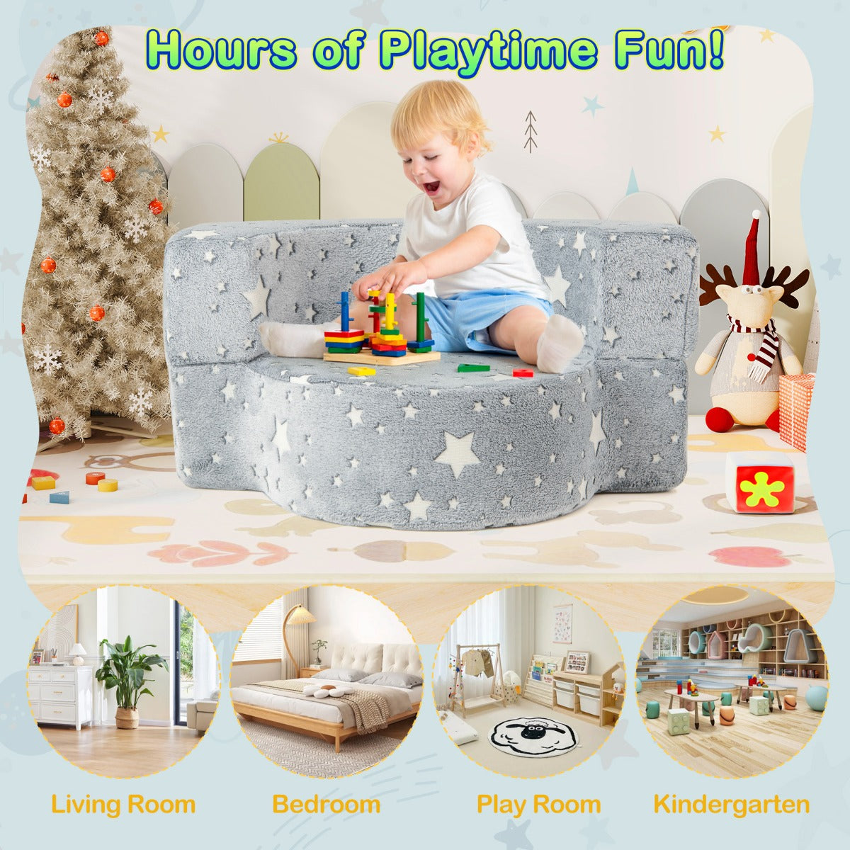 2-in-1 Toddler Chair Glow in the Dark Kids Couch with Removable and Washable Cover-Grey