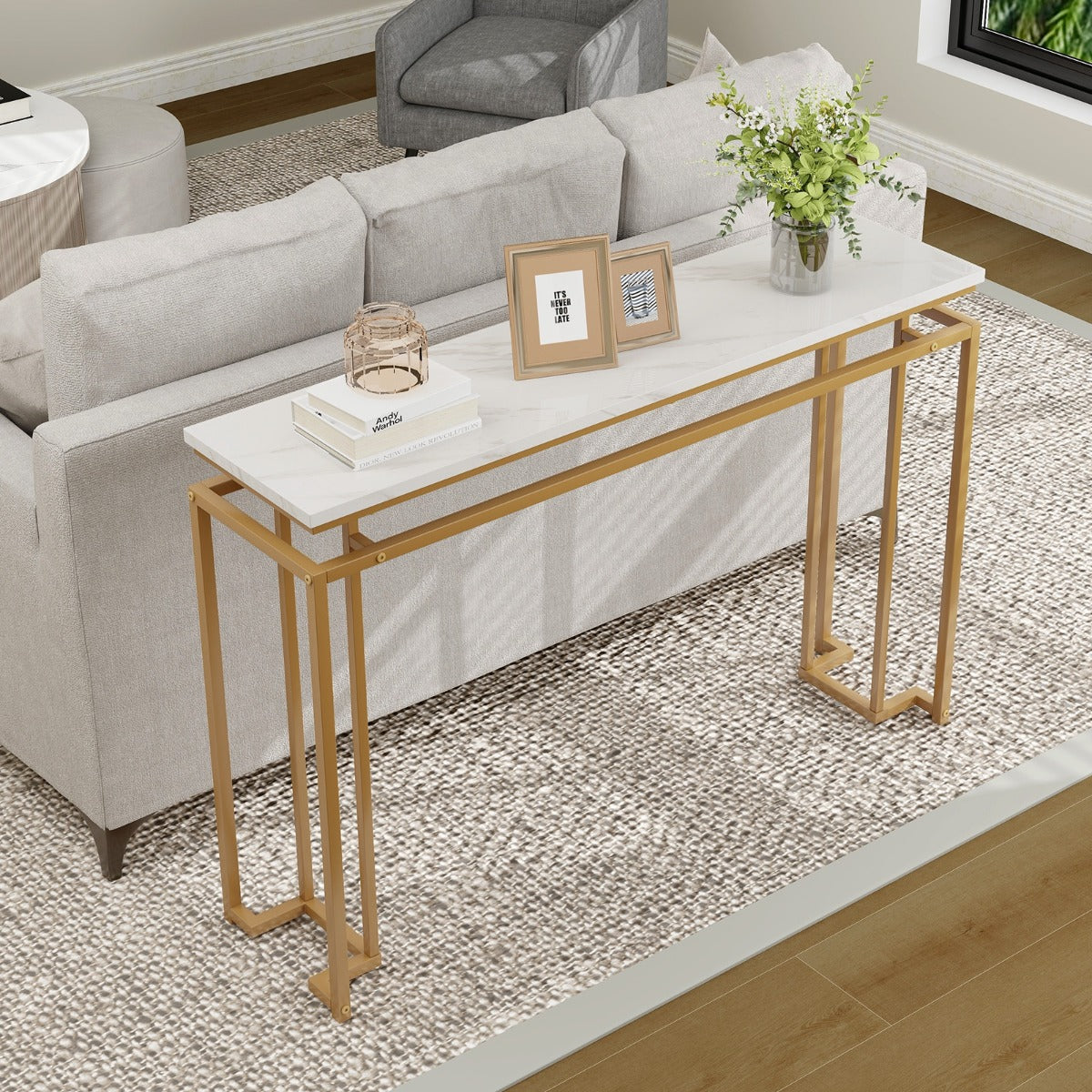 120 cm Faux Marble Top Console Table with Anti-toppling Kit