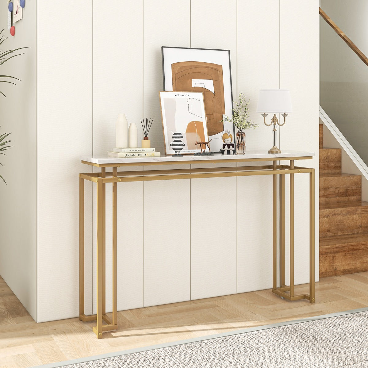 120 cm Faux Marble Top Console Table with Anti-toppling Kit