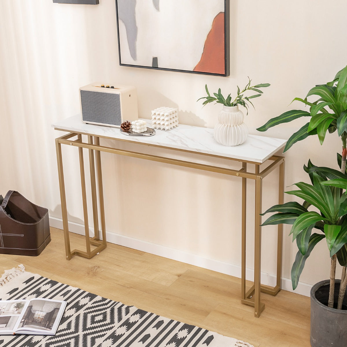120 cm Faux Marble Top Console Table with Anti-toppling Kit