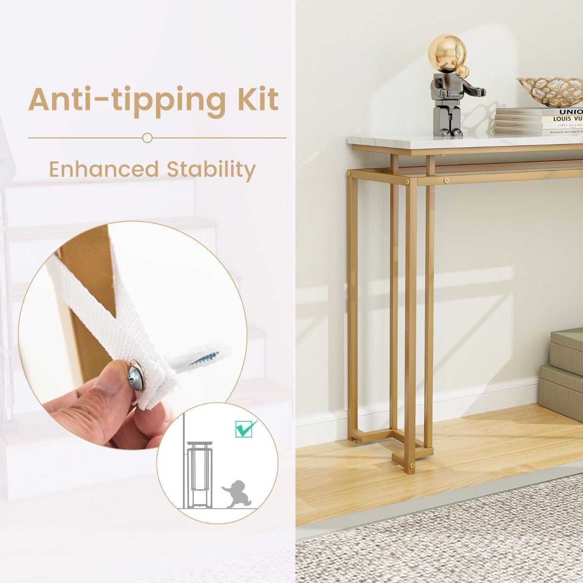 120 cm Faux Marble Top Console Table with Anti-toppling Kit