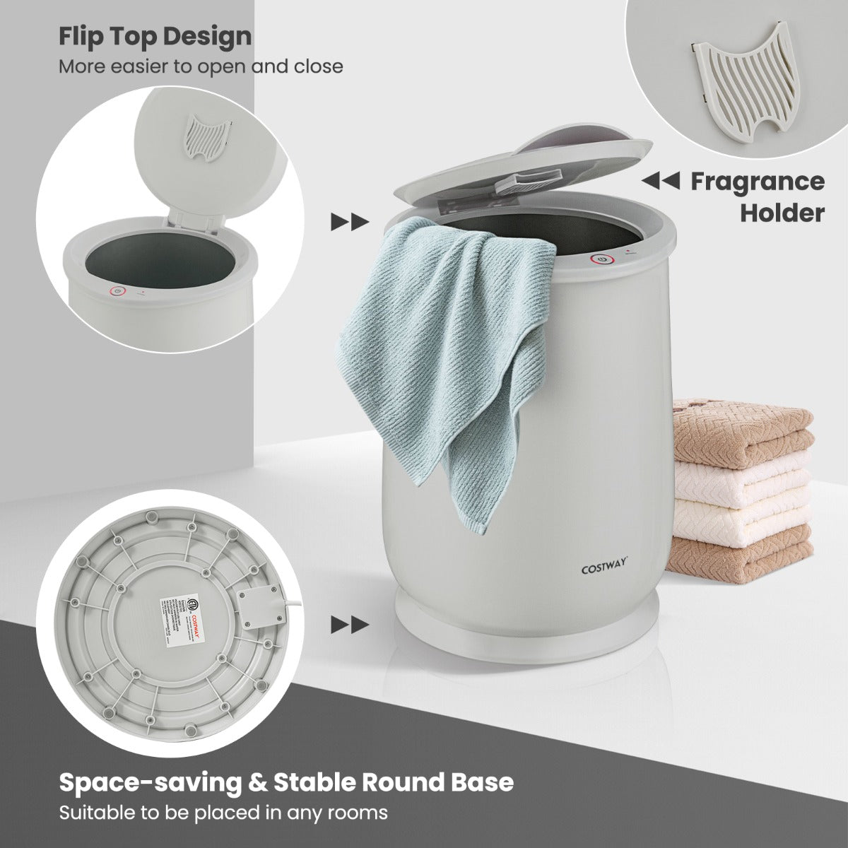 Towel Warmer Bucket with Flip-top Lid and Fragrance Holder-Grey