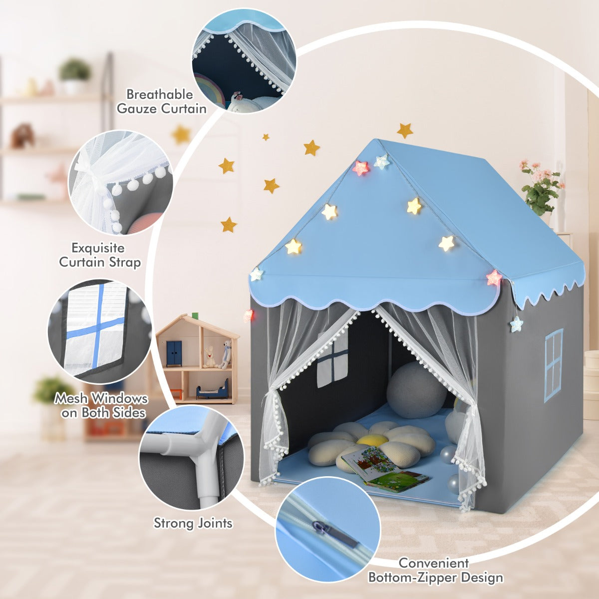 Kids Playhouse Tent with Washable Mat for Boys &amp; Girls-Blue