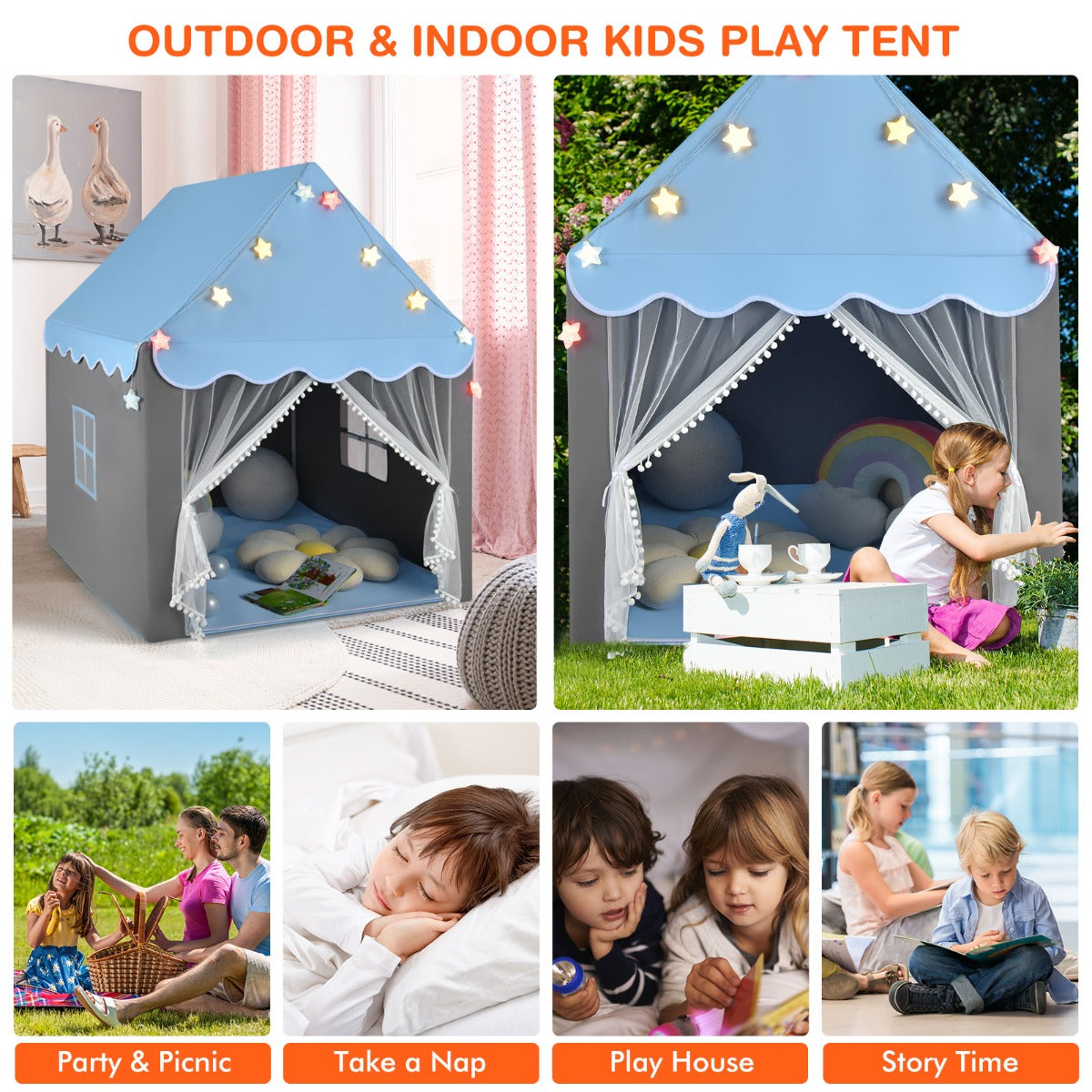 Kids Playhouse Tent with Washable Mat for Boys &amp; Girls-Blue