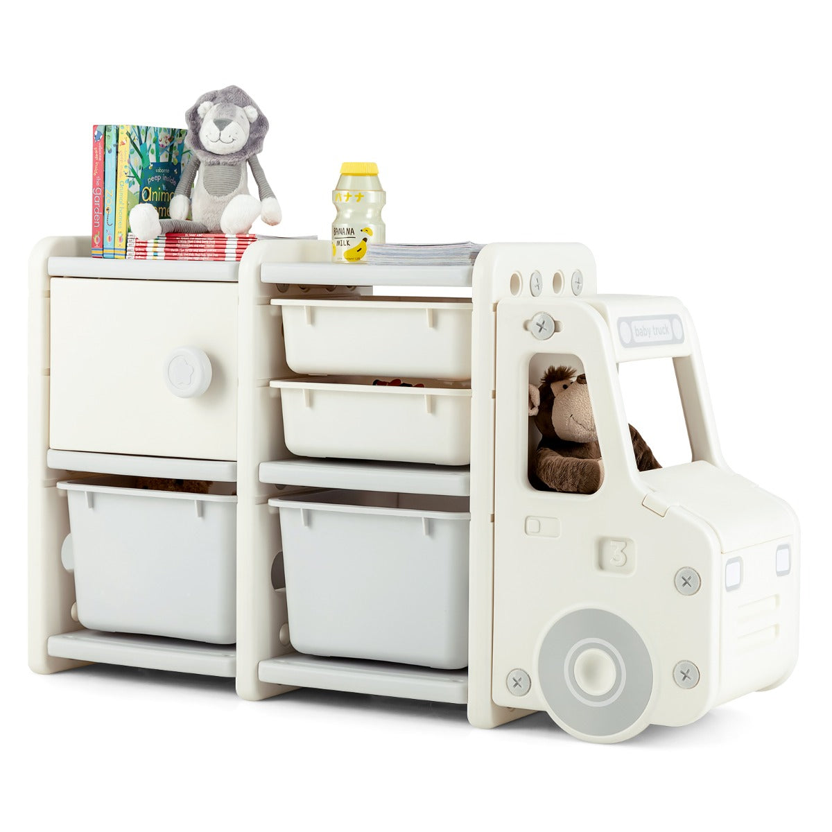 Costway Truck-shaped Toddler Storage Cabinet with Bins & Drawers Gray