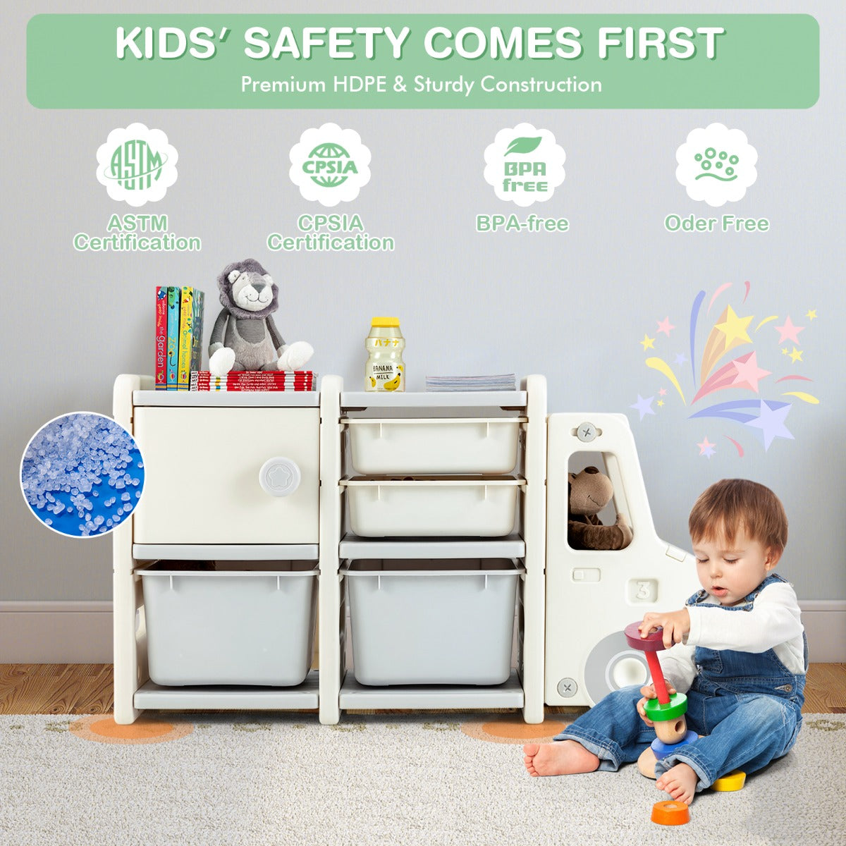 Costway Truck-shaped Toddler Storage Cabinet with Bins & Drawers Gray