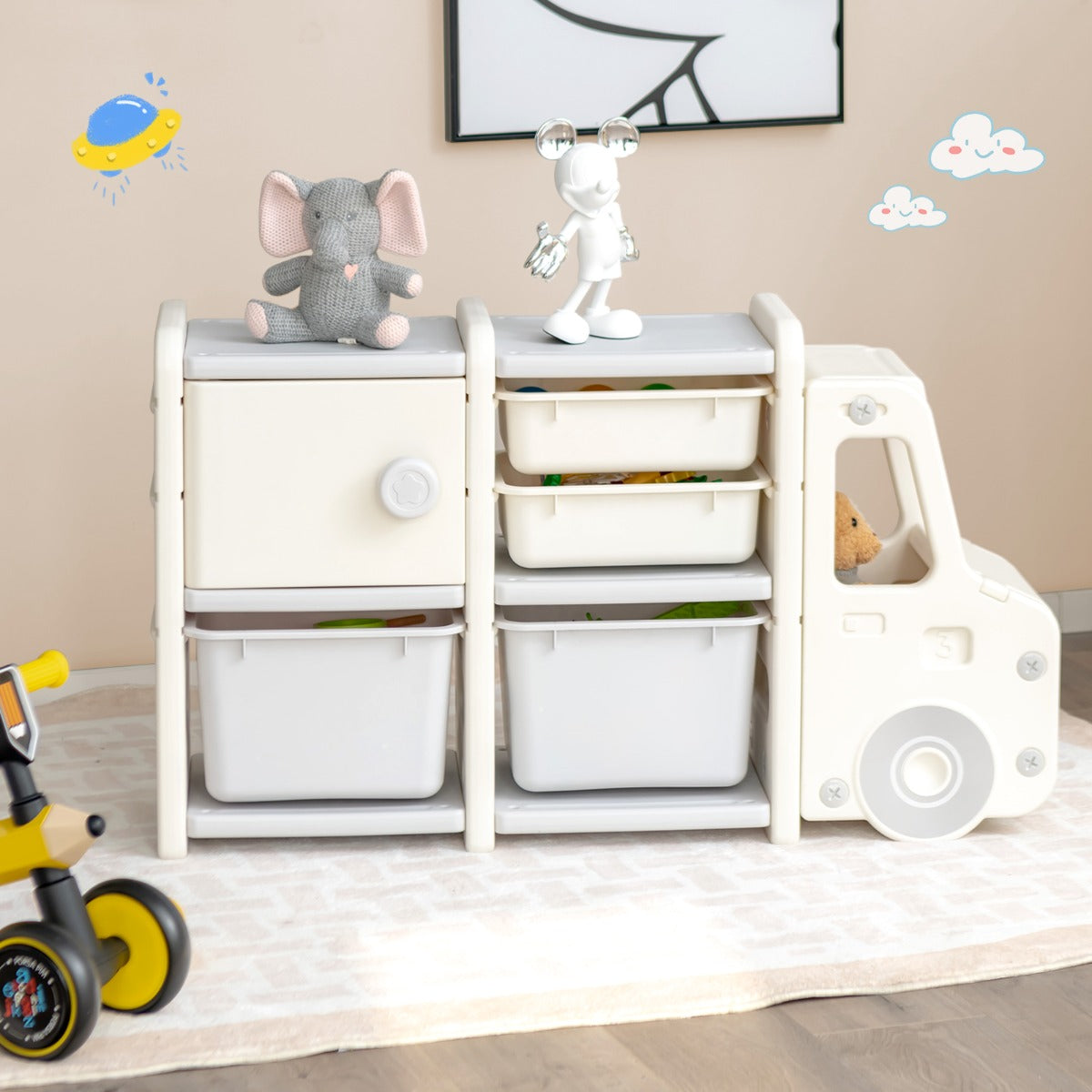 Costway Truck-shaped Toddler Storage Cabinet with Bins & Drawers Gray