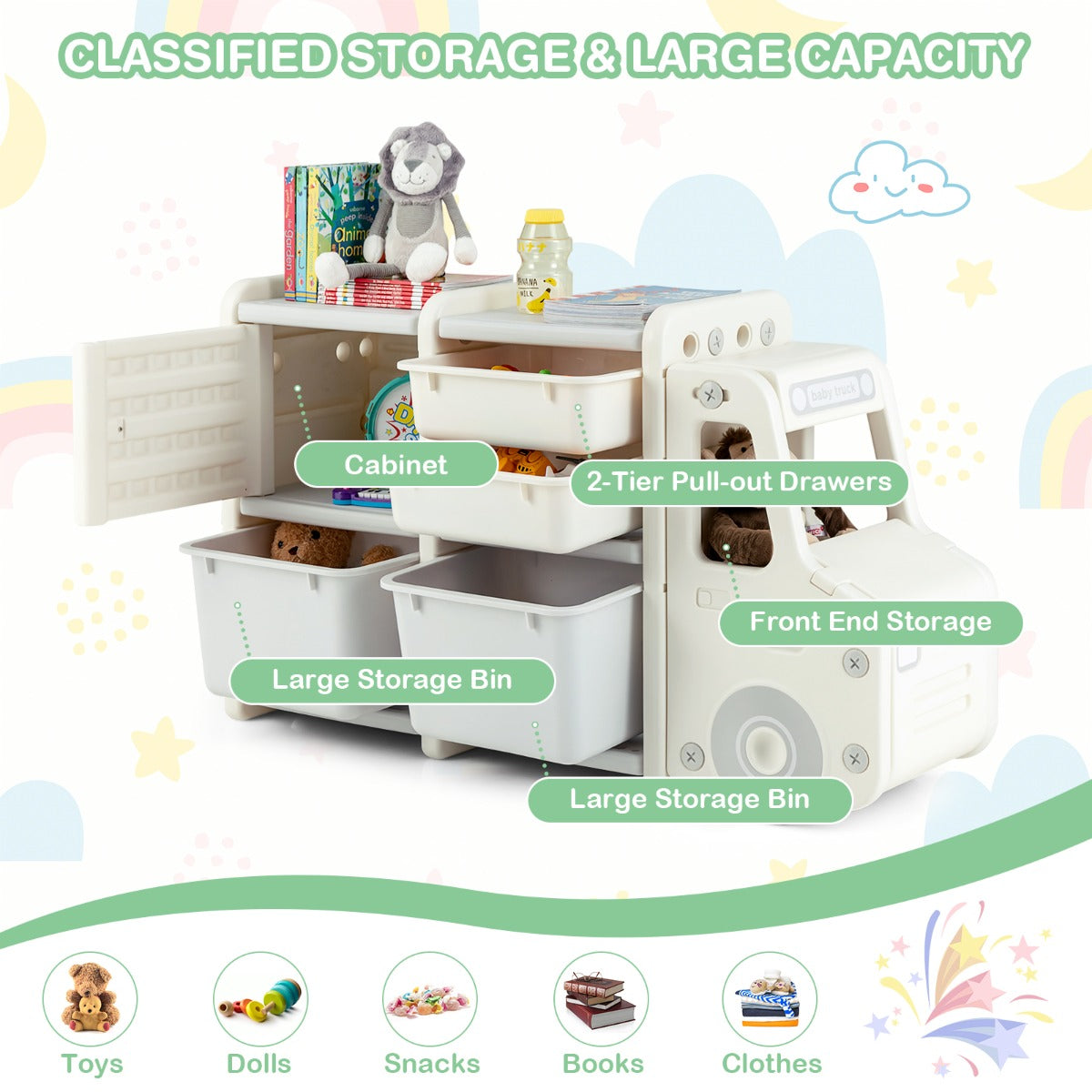 Costway Truck-shaped Toddler Storage Cabinet with Bins & Drawers Gray