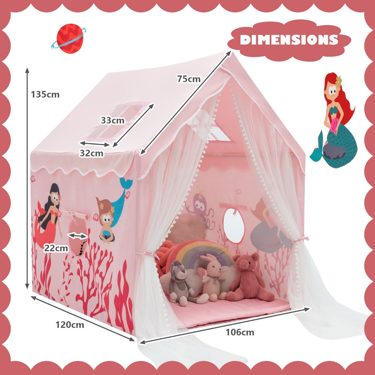Large Kids Play Tent with Removable Padded Mat &amp; Gauze Door Curtain-Pink