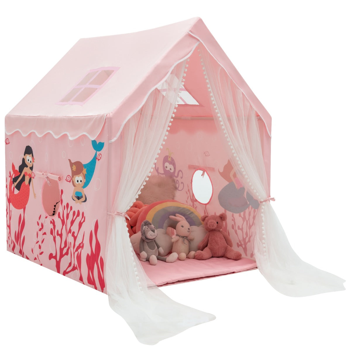 Large Kids Play Tent with Removable Padded Mat &amp; Gauze Door Curtain-Pink