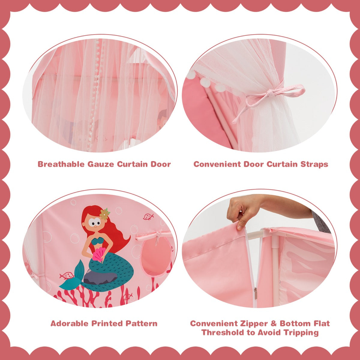 Large Kids Play Tent with Removable Padded Mat &amp; Gauze Door Curtain-Pink