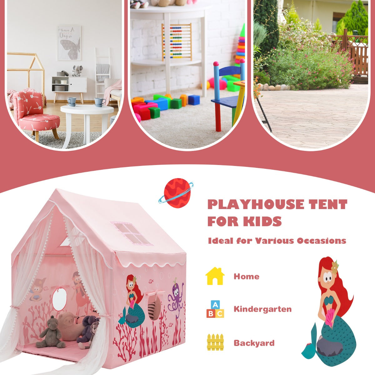 Large Kids Play Tent with Removable Padded Mat &amp; Gauze Door Curtain-Pink