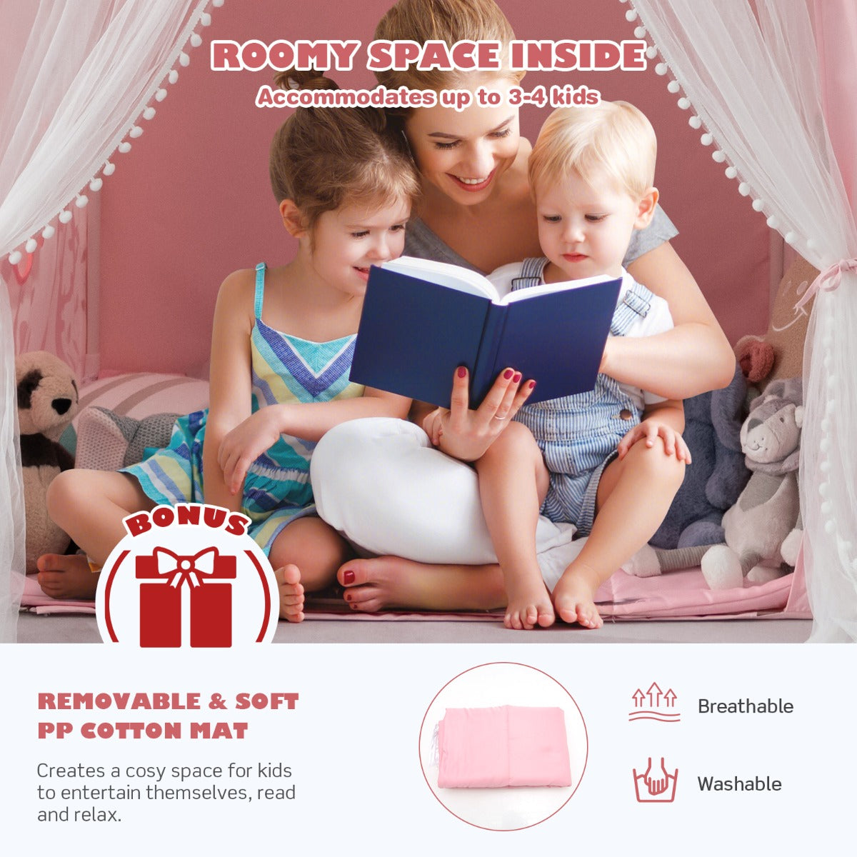 Large Kids Play Tent with Removable Padded Mat &amp; Gauze Door Curtain-Pink