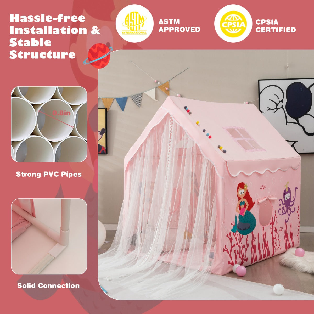 Large Kids Play Tent with Removable Padded Mat &amp; Gauze Door Curtain-Pink