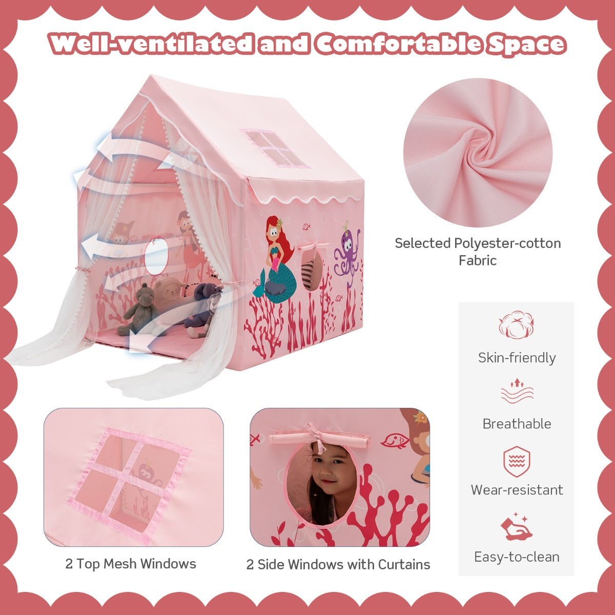 Large Kids Play Tent with Removable Padded Mat &amp; Gauze Door Curtain-Pink